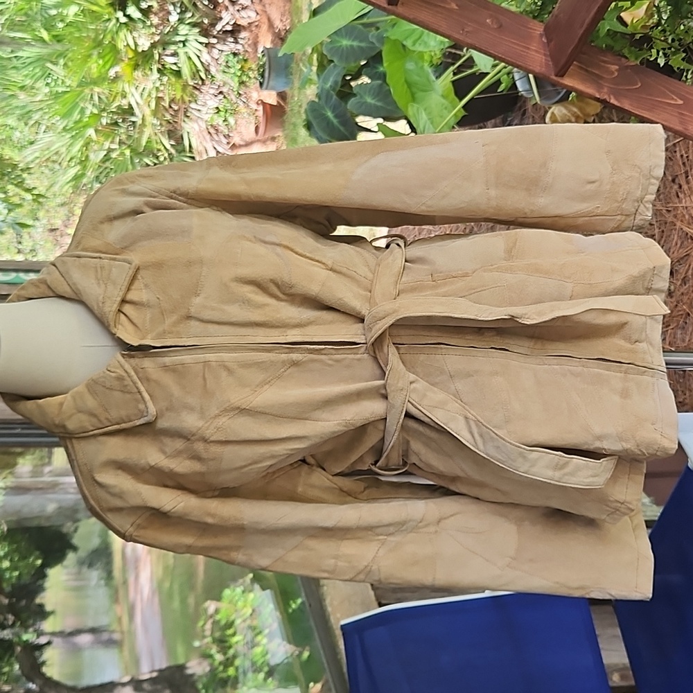 Leather Works tan patchwork suede belted vintage jacket size extra large